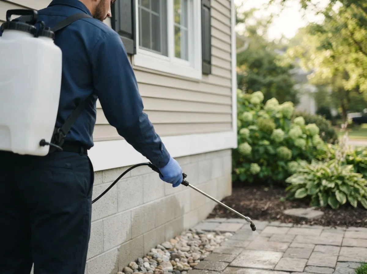 Pest control technician inspecting a home in Altus Afb, OK